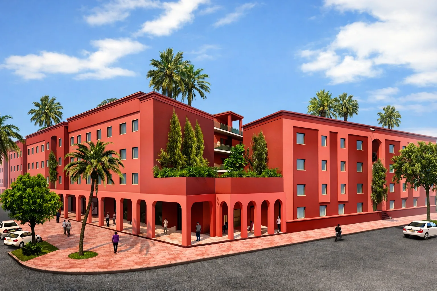 183 logements économiques — Ensemble de logements collectifs sur quatre niveaux autour d'une cour, tour d'angle, commerces en pied d'immeuble, stationnement en cœur d'îlot.