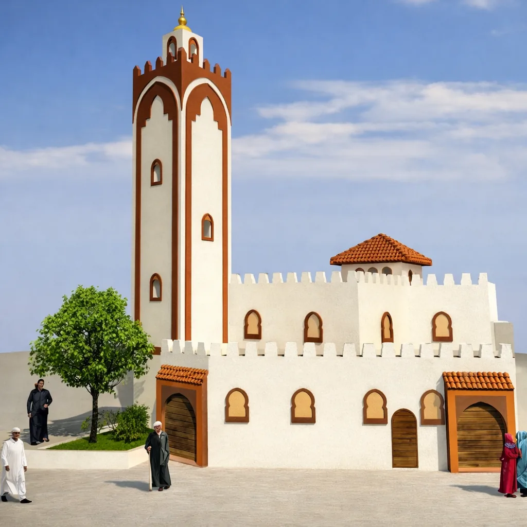 Mosquée de quartier — Minaret, salle de prière, enceinte crénelée et portail ; parvis planté.