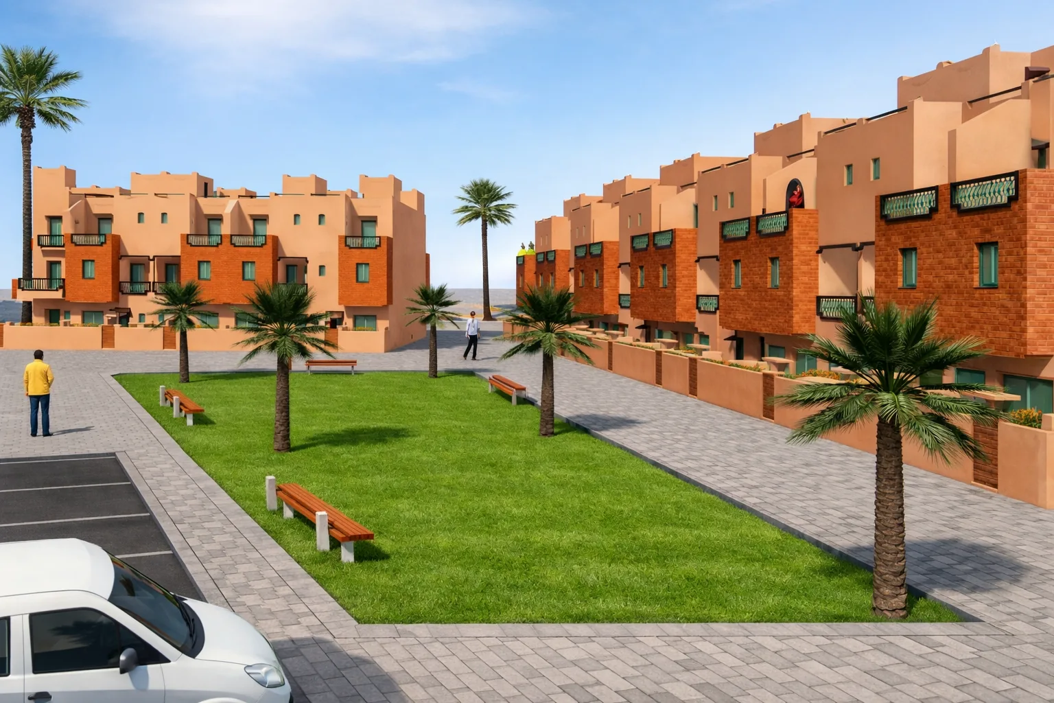 150 villas économiques — Programme résidentiel de 150 villas en bande, sur deux et trois niveaux, deux écritures de façade, voirie et espaces plantés.