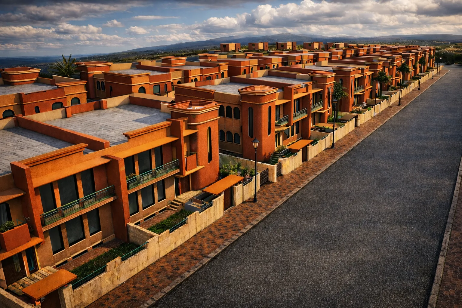78 villas haut standing — Villas jumelées sur deux niveaux, arcades et baies cintrées, alignées le long d'un plan d'eau ; parvis, parking et jardins.